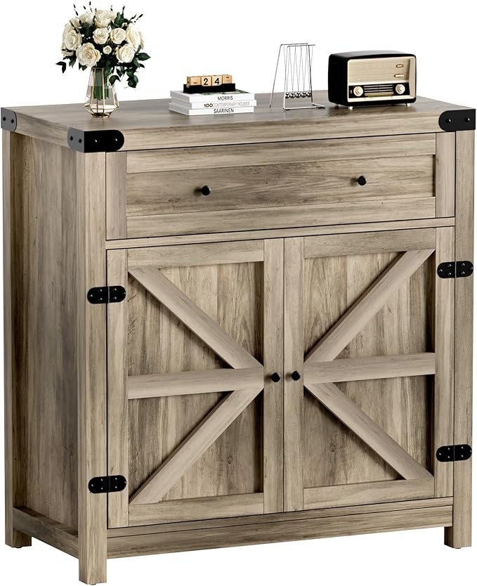 YESHOMY Coffee Bar and Accent Cabinet, Farmhouse Barn Door Buffet Sideboard by SearchallYESHOMY