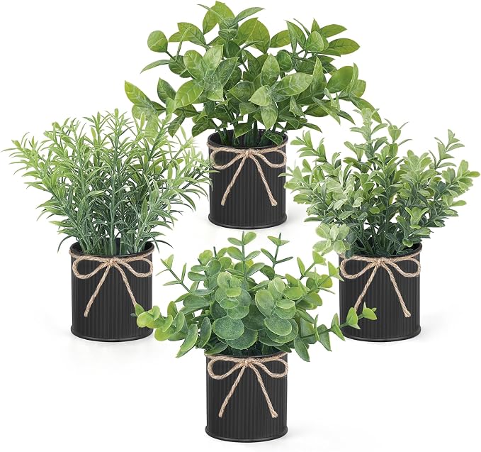 Mkono 4 Packs Small Fake Plants in Farmhouse Galvanized Pots Table Centerpiece by Mkono