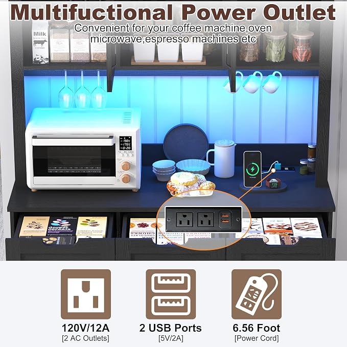 72" Tall Arched Pantry Cabinet w/Power Outlet, LED Lights, 3 Drawers, Glass Door - Image 4