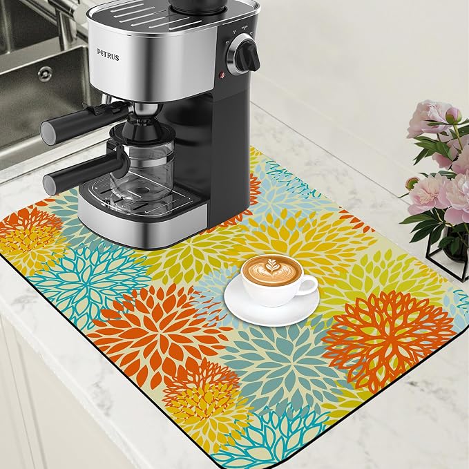 Orange and Blue Chrysanthemum Flower Coffee Mat Absorbent Dish Drying Mat Hide by Unknown