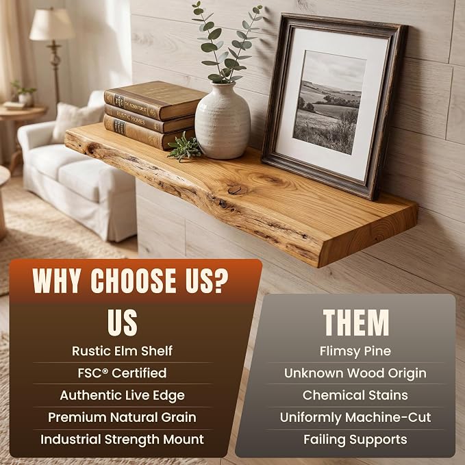 36" Live Edge Floating Shelves, 1.4" Extra Thick Solid Elm Wood Wall Shelf - Image 4