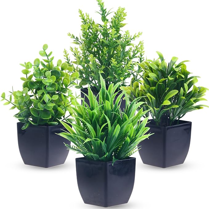 GREENTIME 4 Pack Fake Plants in Black Pot Mini Artificial Eucalyptus Potted by Greentime