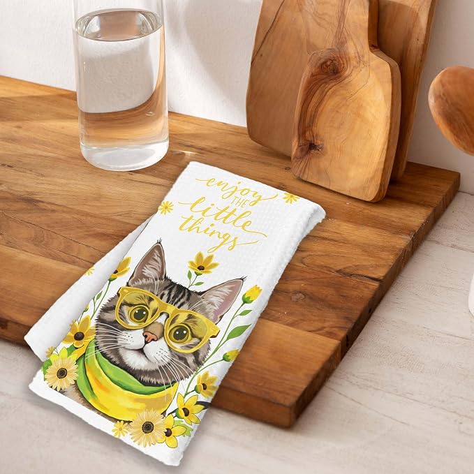 Yellow Flowers Cat Towels, Spring Summer Kitchen Towels, Cute Waffle Weave Dish - Image 4