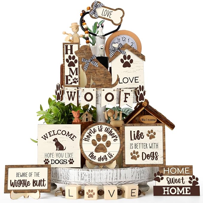 Mifoci 16 Pcs Dog Tiered Tray Decor Cute Dog Signs Home Decor Wooden Woof by Mifoci