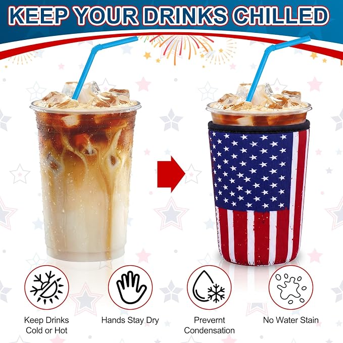 CHENGU 12 Pack 4th of July Reusable Iced Coffee Sleeves Bulk 250th Anniversary - Image 3