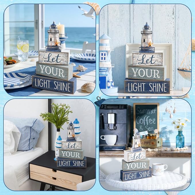 Lineshading 4 Pcs Beach Coastal Table Decor Wooden Lighthouse Decoration - Image 4