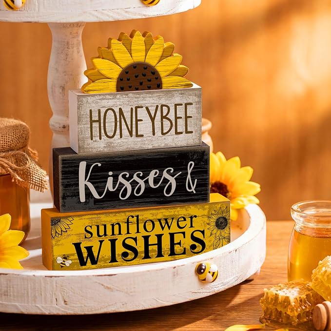 Lineshading 4 Pcs Summer Table Decor Wooden Sunflower Tiered Tray Decor Rustic - Image 3