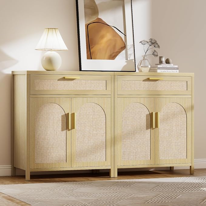 Rattan Buffet Cabinet with Storage, Sideboard Cabinet with Doors and Shelves - Image 8