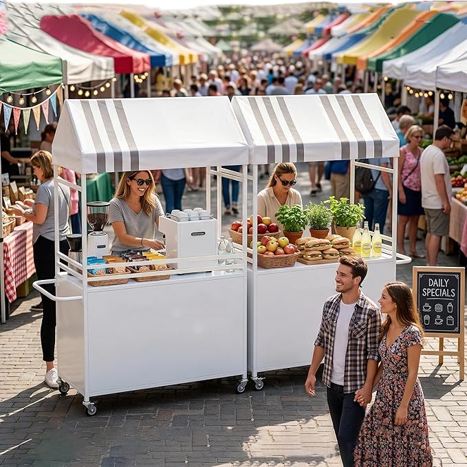 Portable Vendor Cart with Canopy, Outdoor Mobile Food Cart with Wheels - Image 3