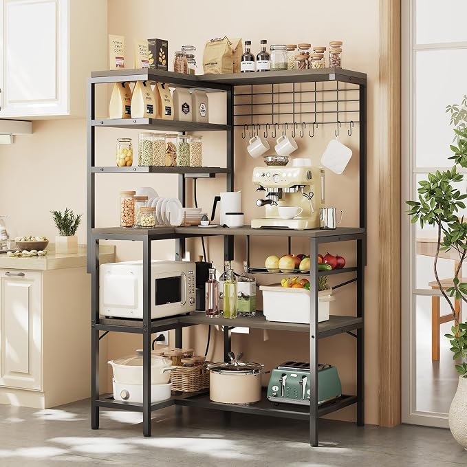 L-Shaped Bakers Rack with Power Outlet, 6-Tier Microwave Stand with Storage - Image 4