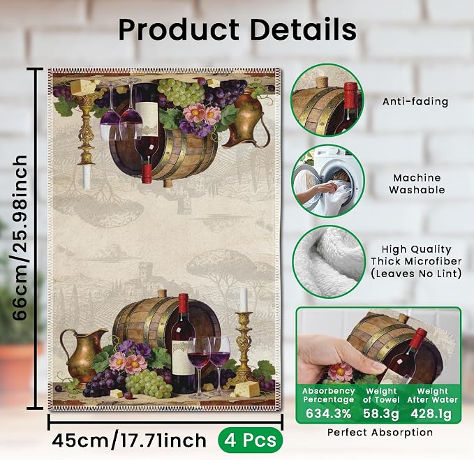 CUTHOLLOW Red Wine and Grapes Pattern Decorative Kitchen Towels Set of 4 - Image 2