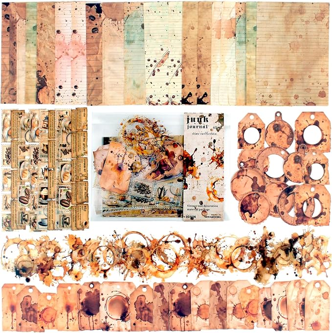 Vintage Scrapbook Kit, 90 Sheets Coffee Stain Manuscripts Materials, by Diuhofart