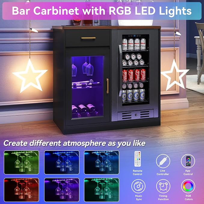 Verano Garden Coffee Bar with Mini Fridge Space, Liquor Cabinet with LED Light - Image 3