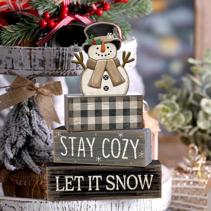 Yuntau 4 Pcs Winter Table Decorations Wooden Snowman Winter Tiered Tray Decor - Image 3