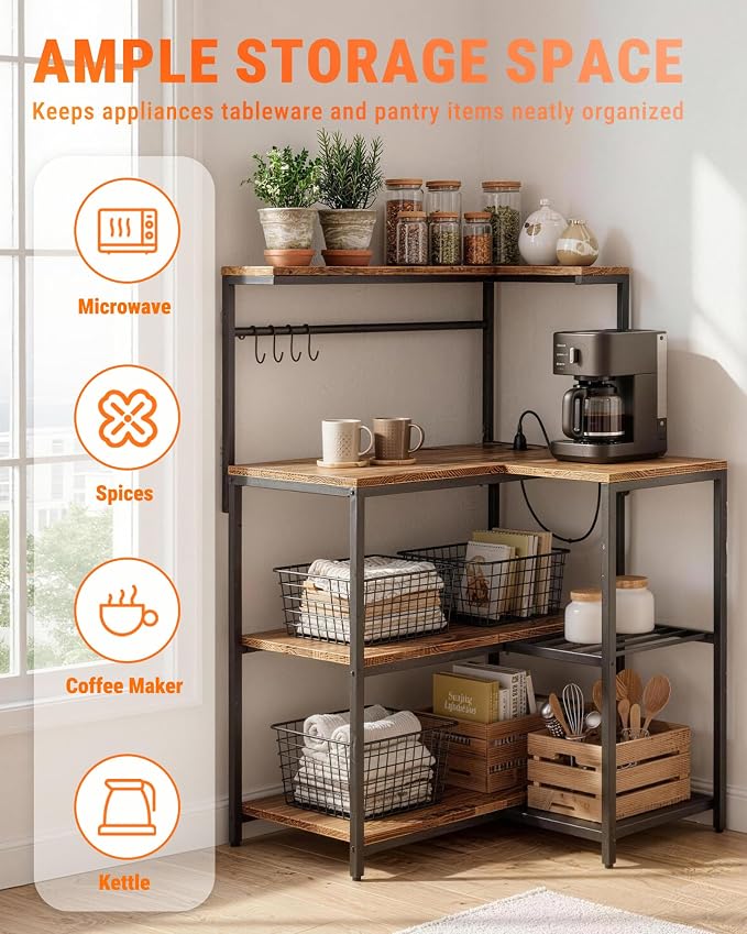 L-Shaped Bakers Rack with Power Outlet, 4-Tier Corner Kitchen Shelf, Microwave - Image 7