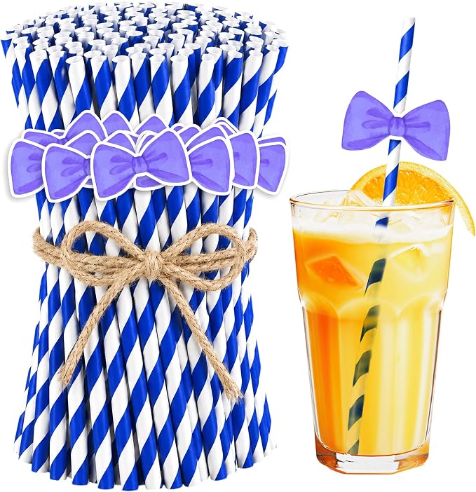 Bow Tie Themed Drinking Straws – 50 Pcs Disposable Purple Striped Party Straws by wuguimeii