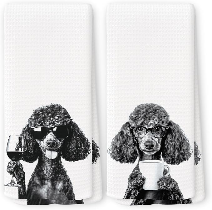 Funny Black Poodle Kitchen Towels Set of 2, Wine and Coffee Lover Gifts by Unknown