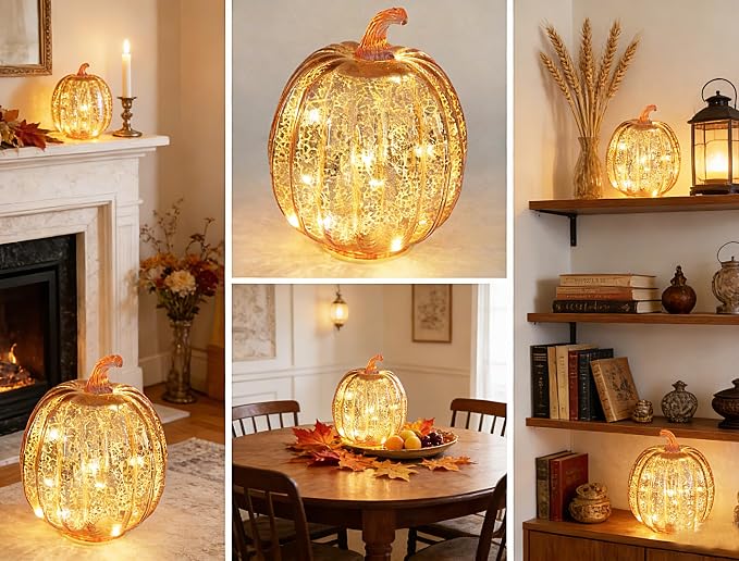 Fall Decorations for Home, Mercury Glass Pumpkin Light - Image 7
