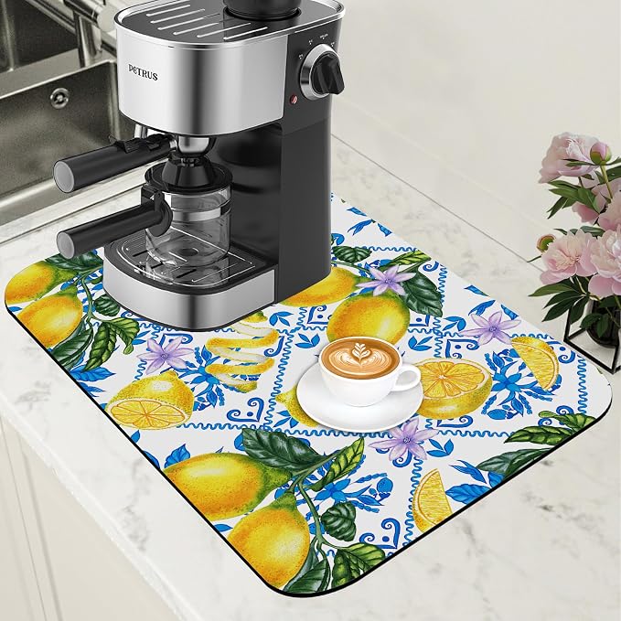 Lemon Fruit and Purple Flower Coffee Mat Absorbent Dish Drying Mat by Unknown
