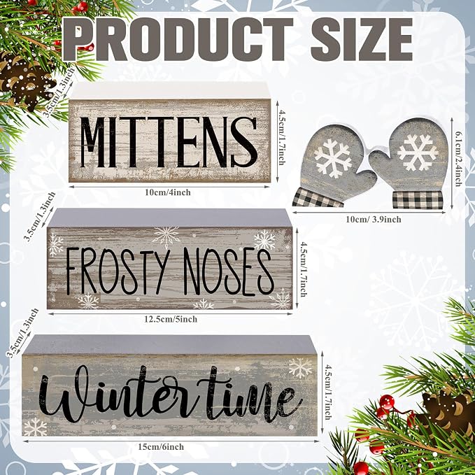 Lineshading 4 Pcs Winter Table Decorations Wooden Mittens Decor Winter Tiered - Image 3