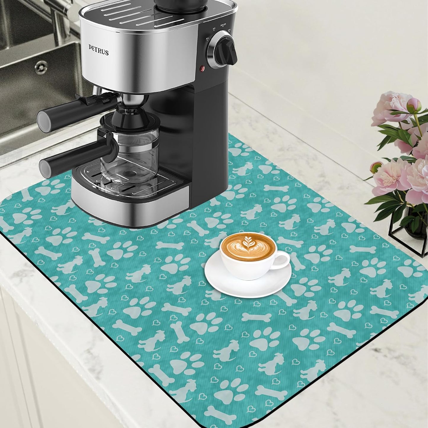 Dish Drying Mat Dog Paws and Bones Coffee Bar Mat for Countertop Absorbent Coffee Mat Rubber Backed Hide Stain Dish Drainer Rack Mat Coffee Maker Coffee Pot Dining Room Decoration 15.7 x 23.6 Inch