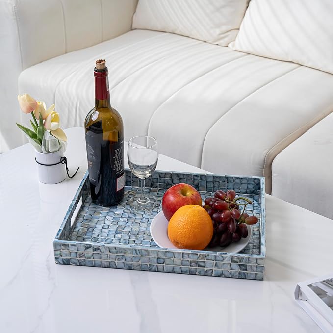 PEMAR Rectangular Mother of Pearl Serving Tray Nacre Wood Lap Ottoman Tray - Image 14