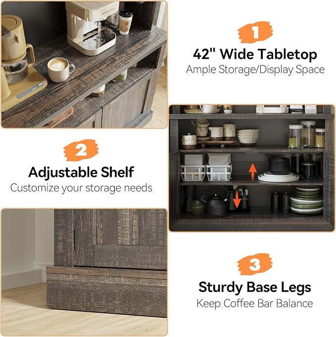 Takywep Tall Coffee Hutch with LED Lights Tall CoffeeBar Cabinet Farmhouse - Image 3