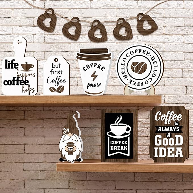 Yalikop 12 Pcs Coffee Bar Decor Tiered Tray Decor Set Farmhouse Wooden Gnomes - Image 7