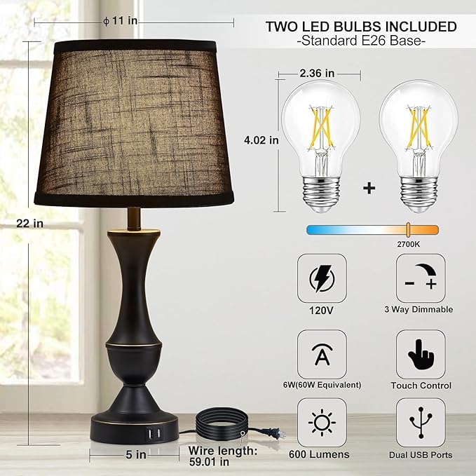 Luvkczc Black Touch Table Lamps Set of 2, Nightstand Lamps - Image 3