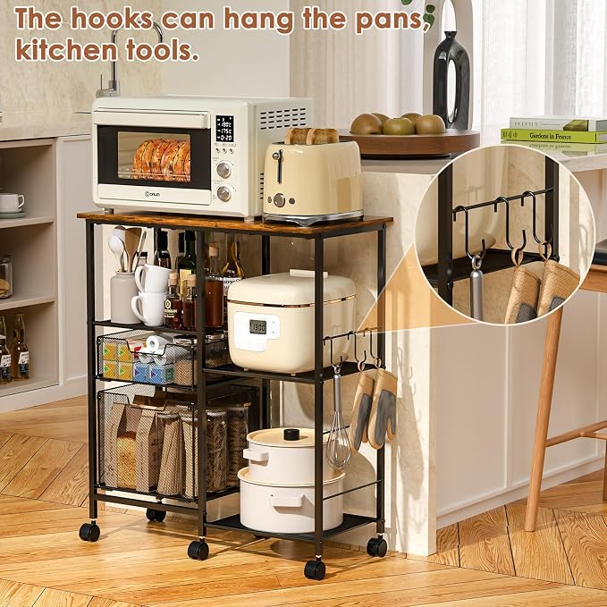 Rolling Microwave Cart with Storage, Microwave Stand with Drawers, Kitchen - Image 5