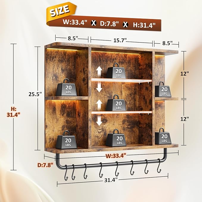 REIBII Floating Shelves with LED Lights, 7-Tier Wood Shelf, Wall Mounted - Image 2