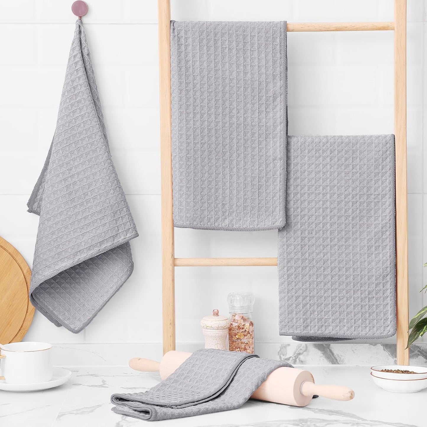 Homaxy Microfiber Waffle Weave Kitchen Towels, 16 x 28 Inch Ultra Absorbent and Solid Color Dish Towels, 6 Pack, Grey