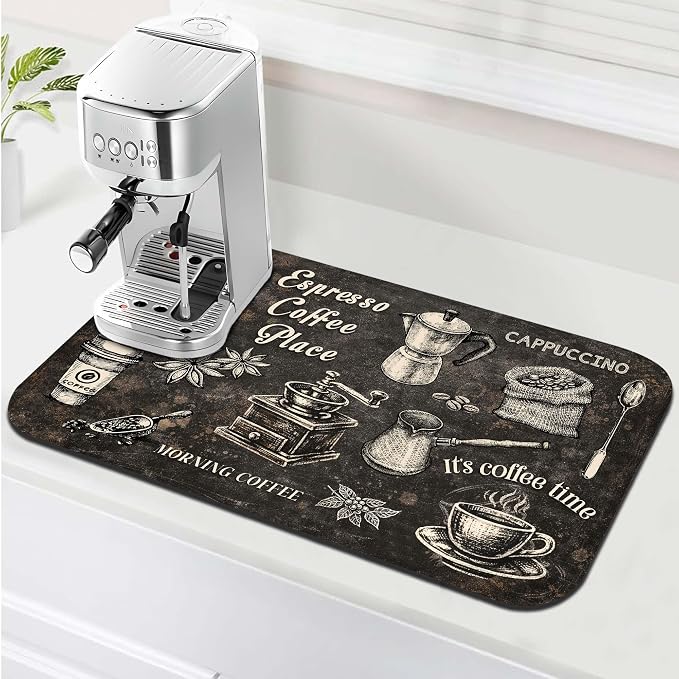 Vintage Coffee Blueprint Coffee Bar Mat 12" x 19", Absorbent Quick-Dry Coffee by Yovirinto