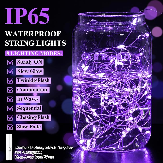 Lakumu 16FT Purple Fairy Lights, Rechargeable Battery Operated String Lights - Image 5