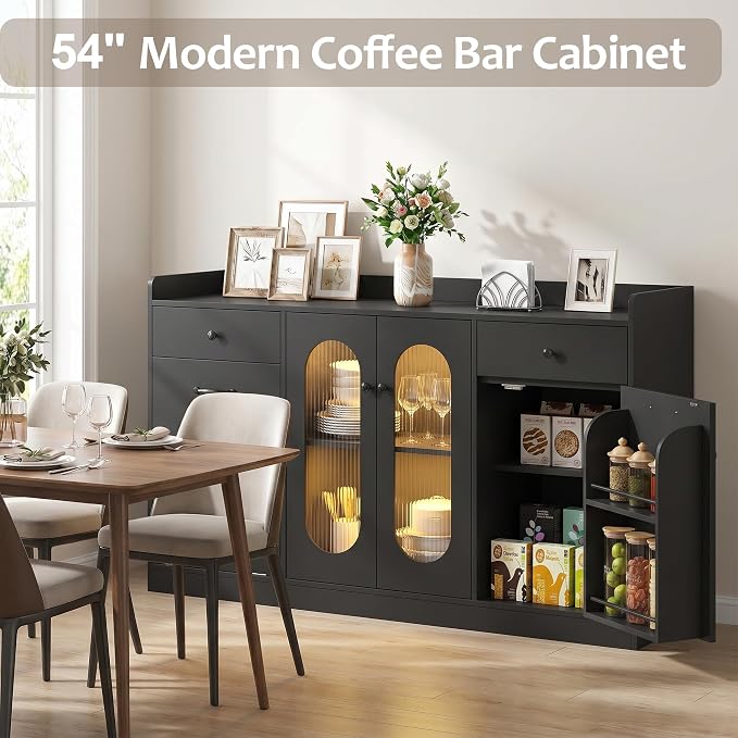 54 in Coffee Bar Cabinet with Hidden Trash Bin Compartment, LED Lights and - Image 3