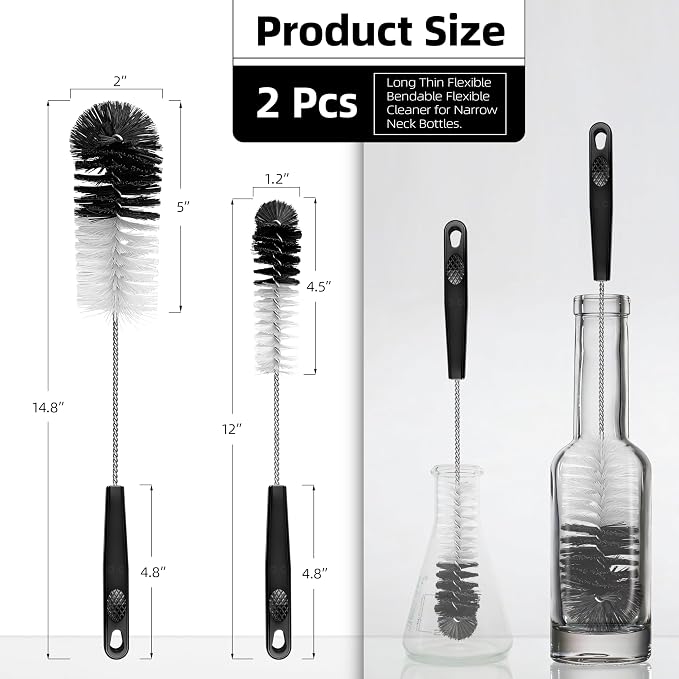 2 Pcs Bottle Brushes Set, Long Thin Flexible Bendable Flexible Cleaner - Image 2
