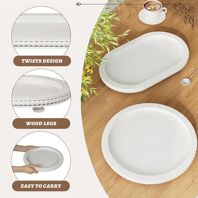 Urban Deco Wooden Tiered Tray, Oval and Round Tray Set of 2, Farmhouse Vintage - Image 5