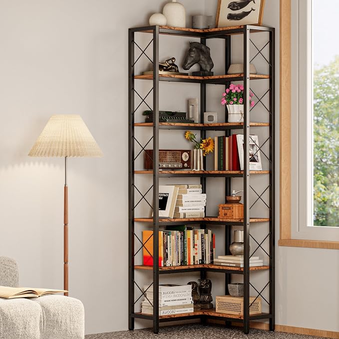 IRONCK Corner Bookshelf, 7-Tier Industrial Corner Bookcase, Tall Corner Shelf - Image 8