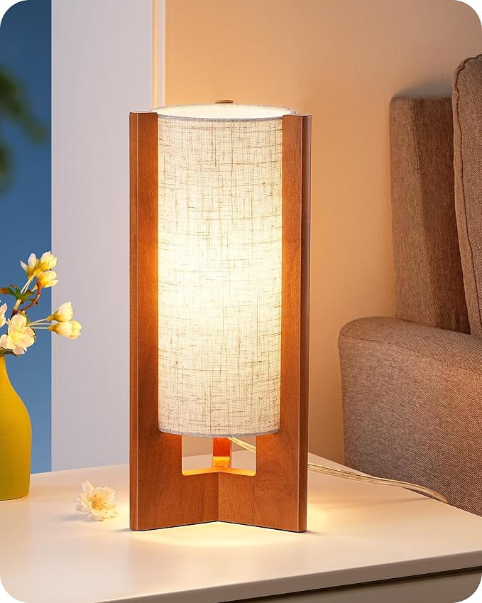 EDISHINE 13.5" Small Table Lamp, Walnut Wood Cylinder Nightstand Lamp by EDISHINE
