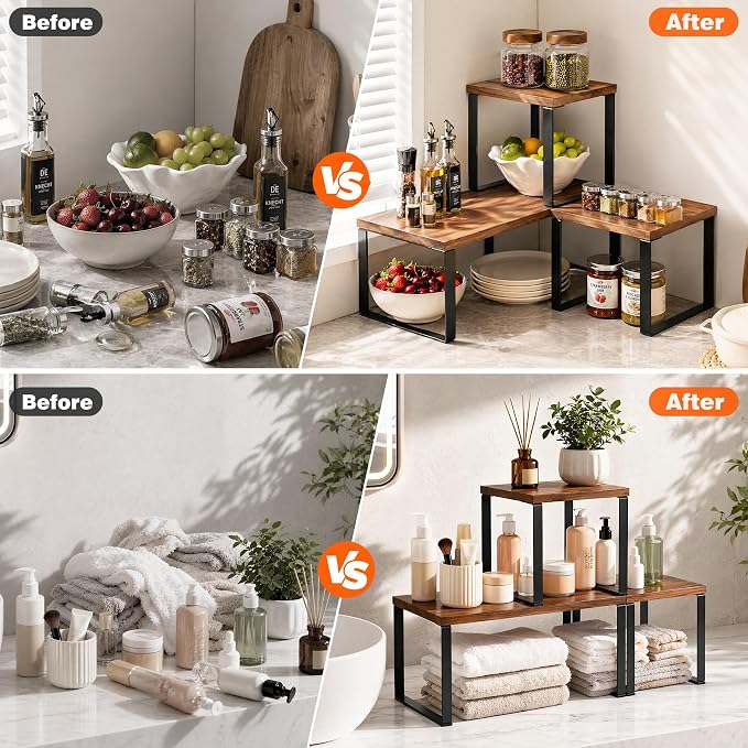 Countertop Organizer Corner Shelf, Wooden 2 Tier Stackable Kitchen Counter - Image 4
