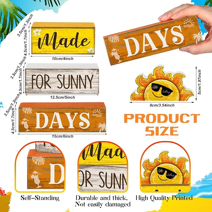 Lineshading 4 Pcs Summer Table Decoration Wooden Sun Beach Tiered Tray Decor - Image 3