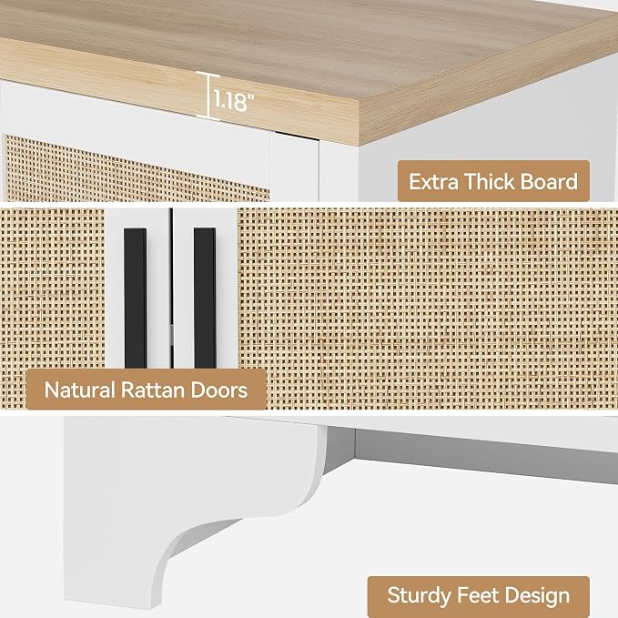 GarveeHome 4-Door Sideboard Buffet Cabinet, Natural Rattan Storage Cabinet - Image 5