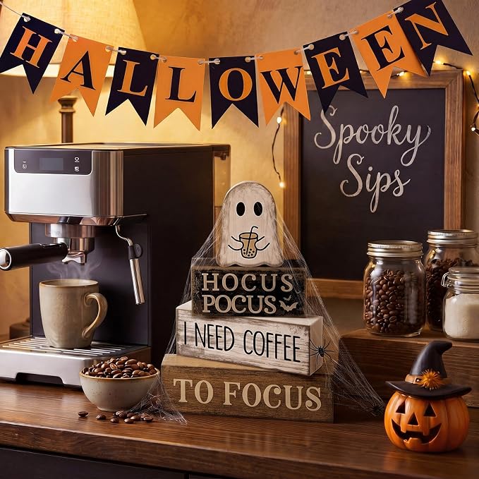 Lineshading 4 Pcs Halloween Coffee Table Decor Coffee Ghost Wooden Stack Block - Image 5