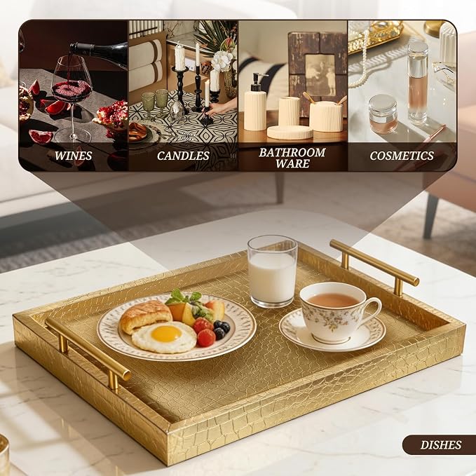 SXNOWS 17"x12" Gold Faux Leather Serving Tray - Image 6