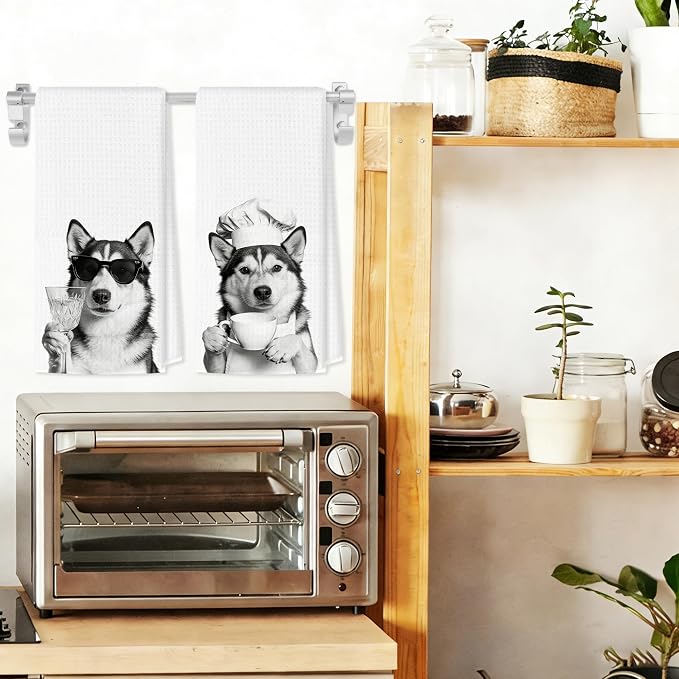 Funny Husky Kitchen Towels Set of 2, Dog Kitchen Bar Accessories, Dog Chef Gifts - Image 3
