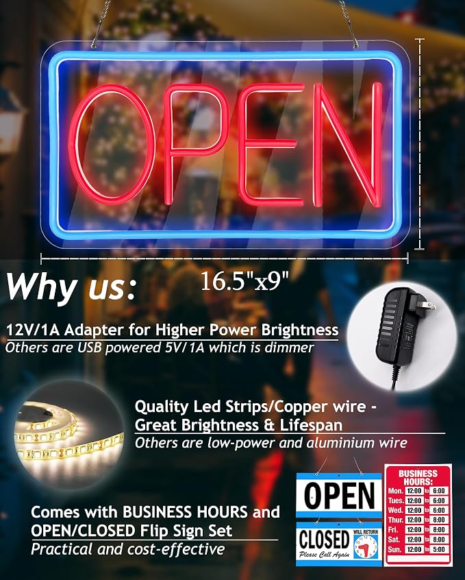 Open Signs for Business, Neon Open Sign Led, 16.5"x 9", - Image 2