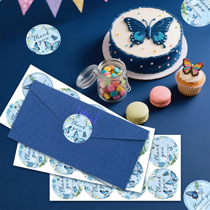 Serencatcher 80pcs Blue Butterfly Thank You Stickers, Floral Thank You - Image 3