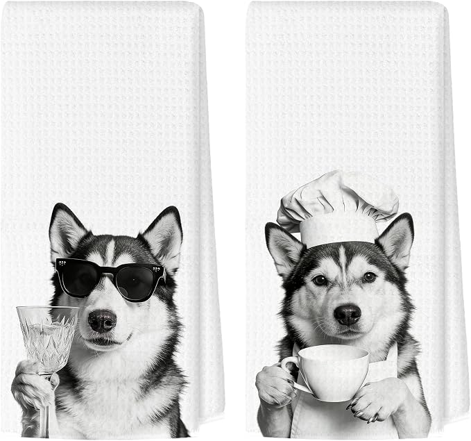 Funny Husky Kitchen Towels Set of 2, Dog Kitchen Bar Accessories, Dog Chef Gifts by Unknown
