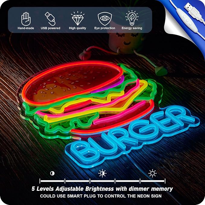 Burger Neon Sign for Wall Décor Hamburger Business Dimmable LED Light USB - Image 4