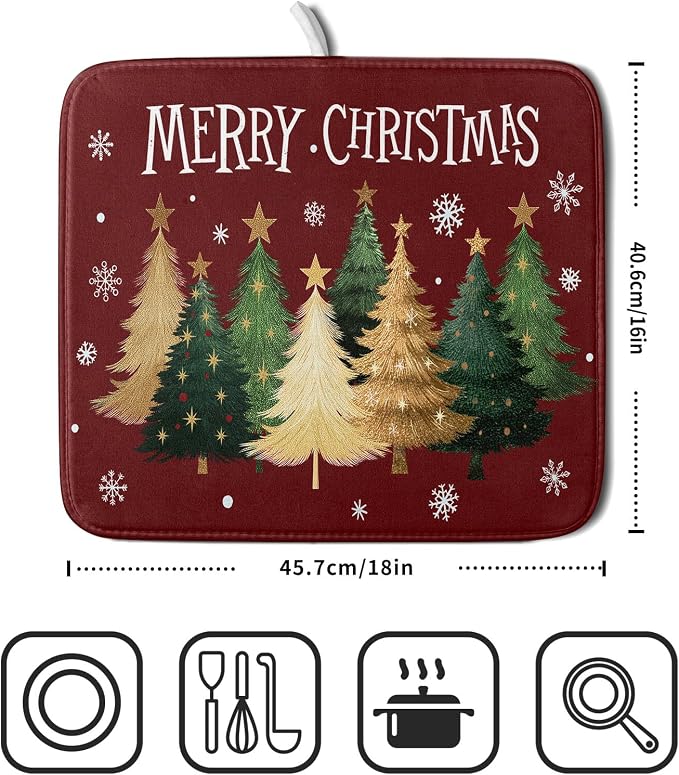 Xmas Tree Red Dish Drying Mat for Kitchen Counter, Winter Snowflake Drying Mat - Image 2